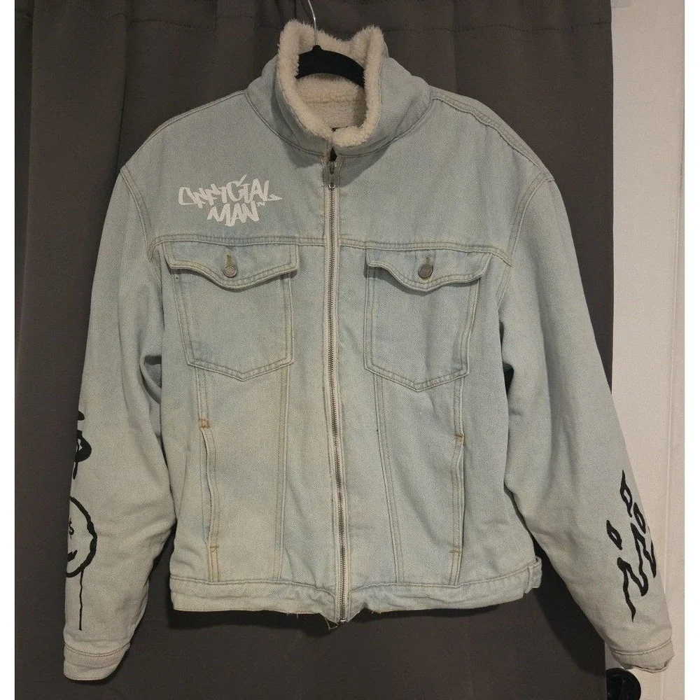 boohooMAN Light Wash Sherpa Lined Denim Jacket, Graffiti Smiley Face Men's Small